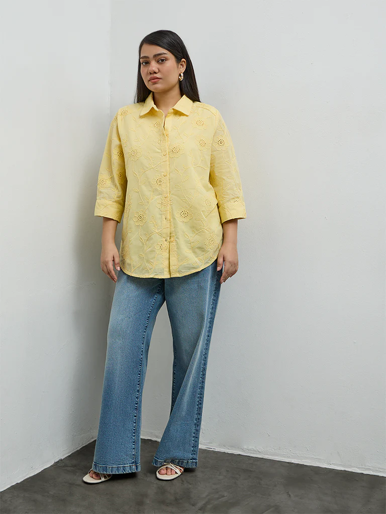 Gia Yellow Floral Embroidered Cotton Shirt - Image 2