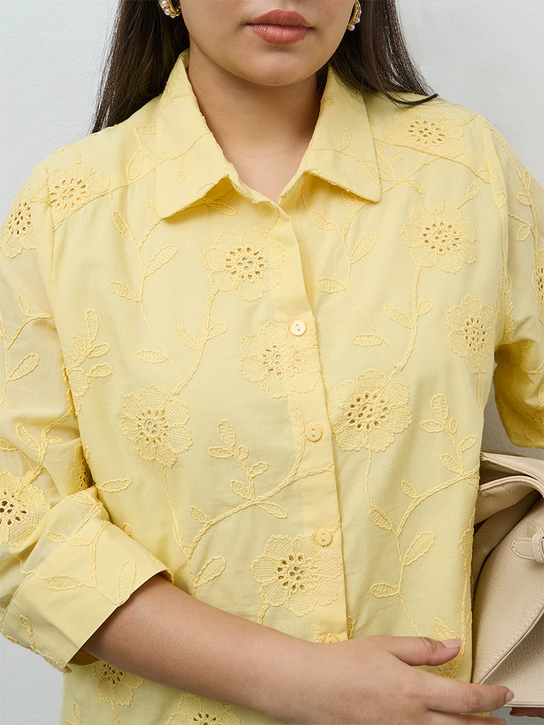 Gia Yellow Floral Embroidered Cotton Shirt - Image 3