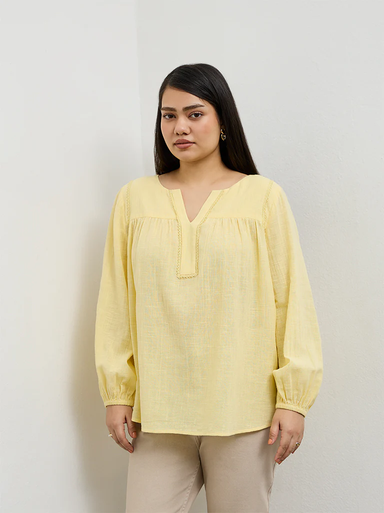 Gia Yellow Solid Cotton Blouse - Image 3