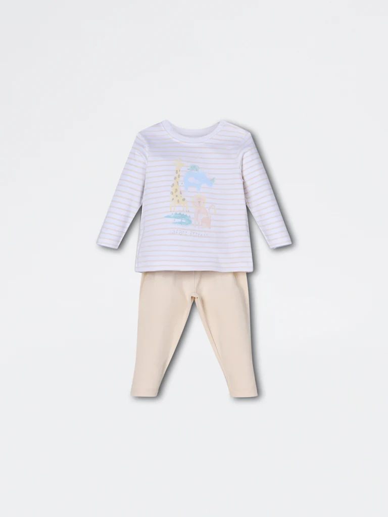 HOP Baby Boys Beige Animal Design Cotton T-Shirt and Pants Set - Exclusive - Image 2