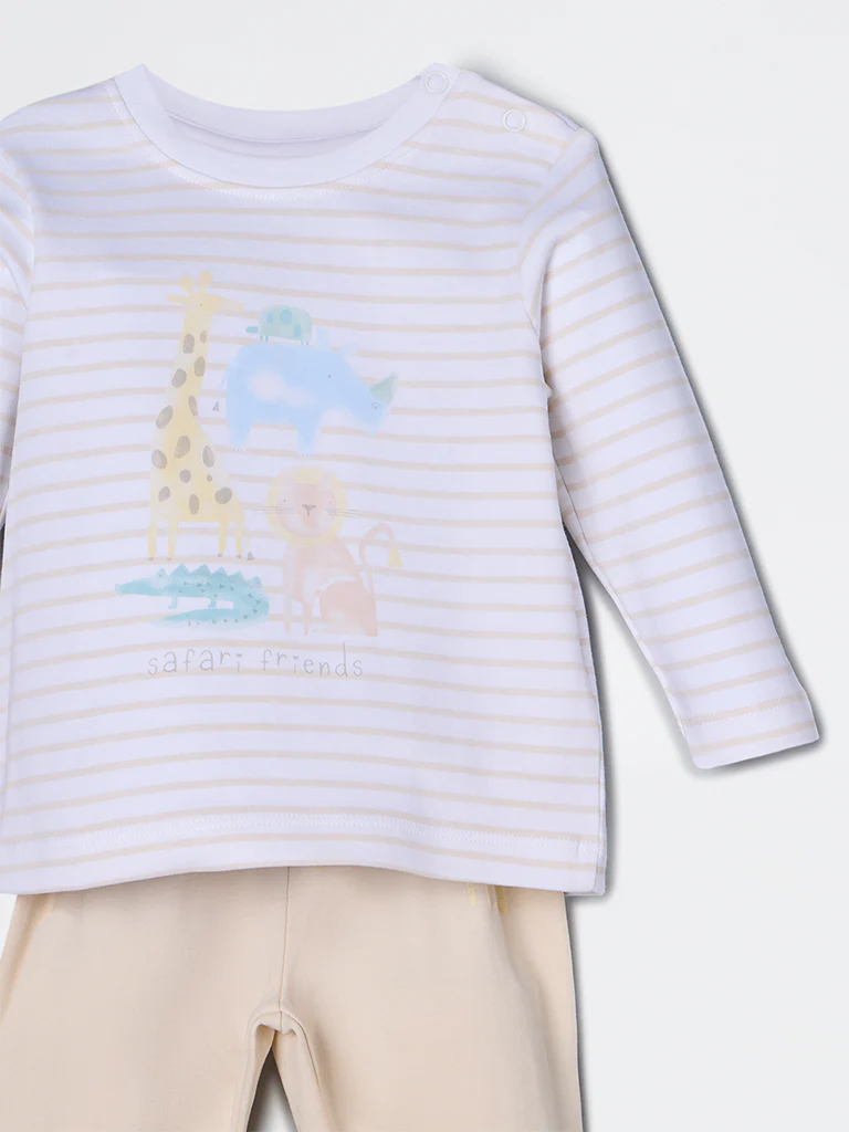 HOP Baby Boys Beige Animal Design Cotton T-Shirt and Pants Set - Exclusive - Image 4