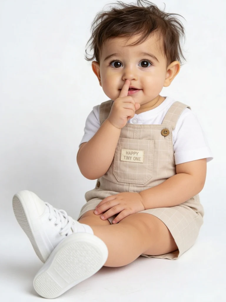 HOP Baby Boys Beige Checkered Cotton-Blend Dungaree and T-Shirt Set