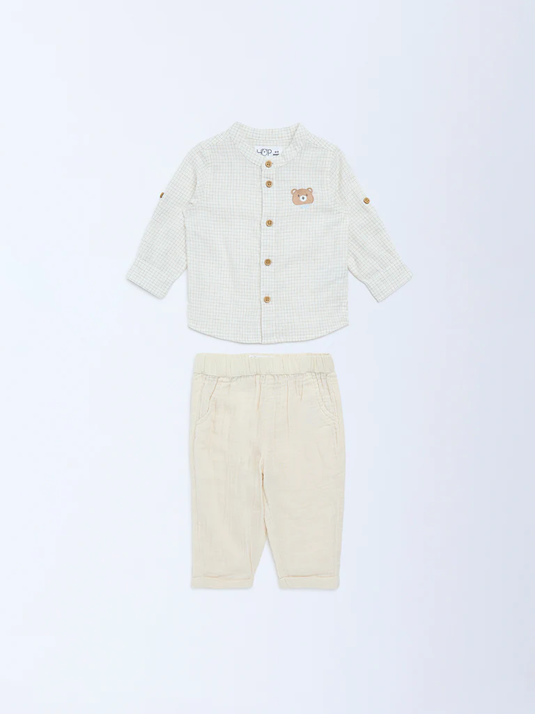 HOP Baby Boys Beige Checkered Cotton-Blend Shirt and Pants Set - Image 2