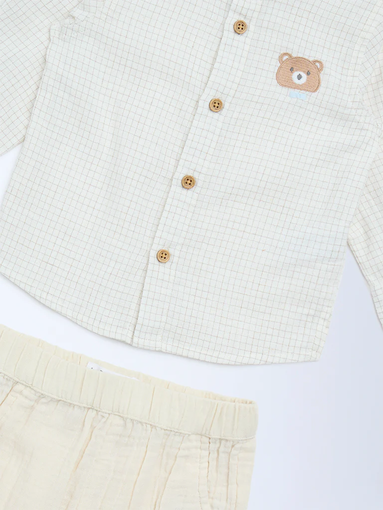 HOP Baby Boys Beige Checkered Cotton-Blend Shirt and Pants Set - Image 4