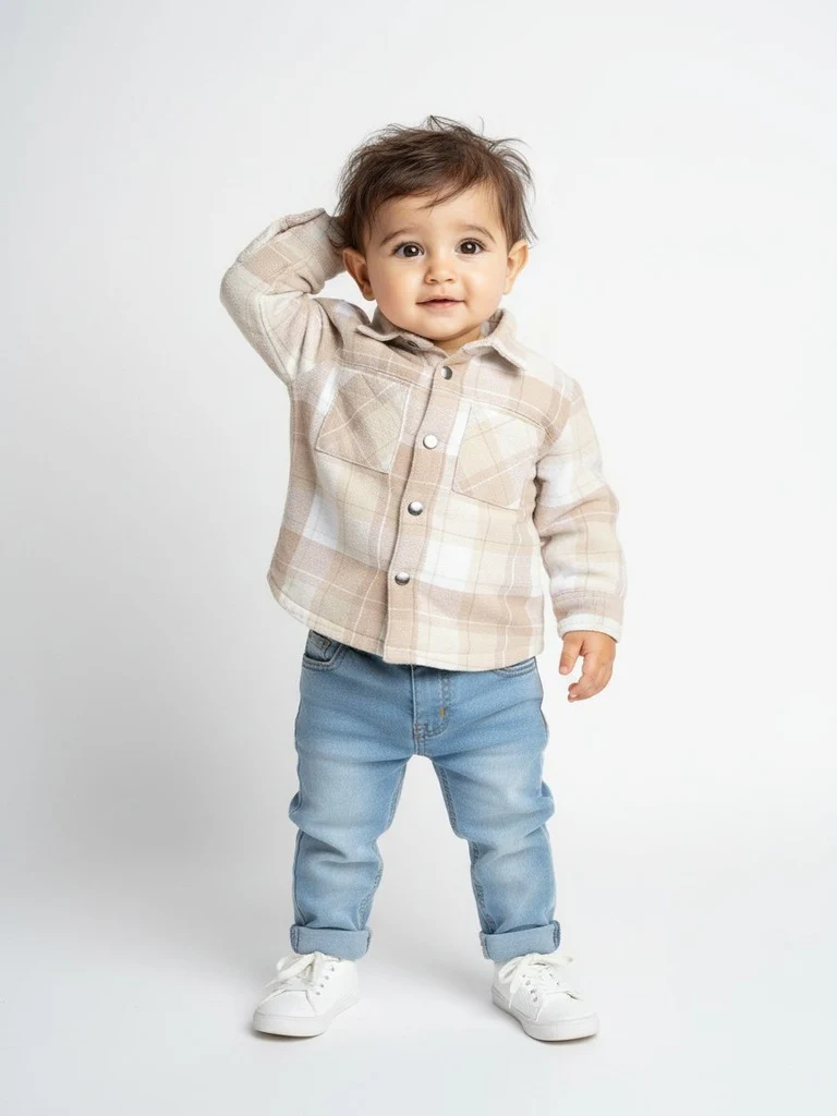 HOP Baby Boys Beige Checkered Cotton Shacket