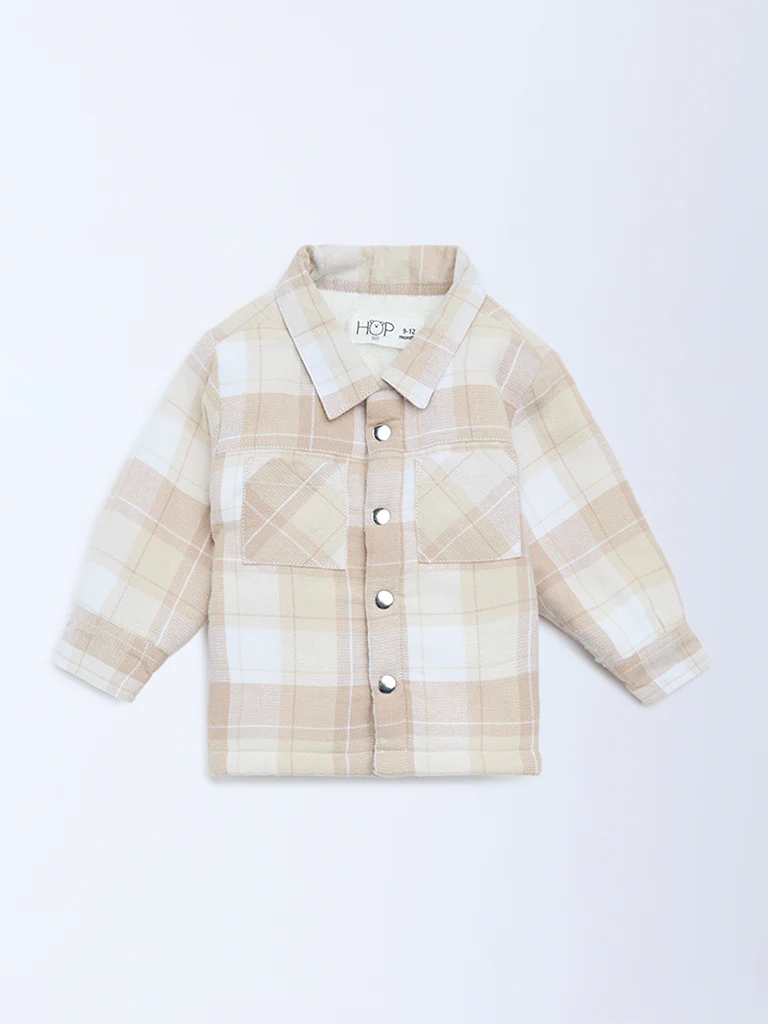 HOP Baby Boys Beige Checkered Cotton Shacket - Image 2