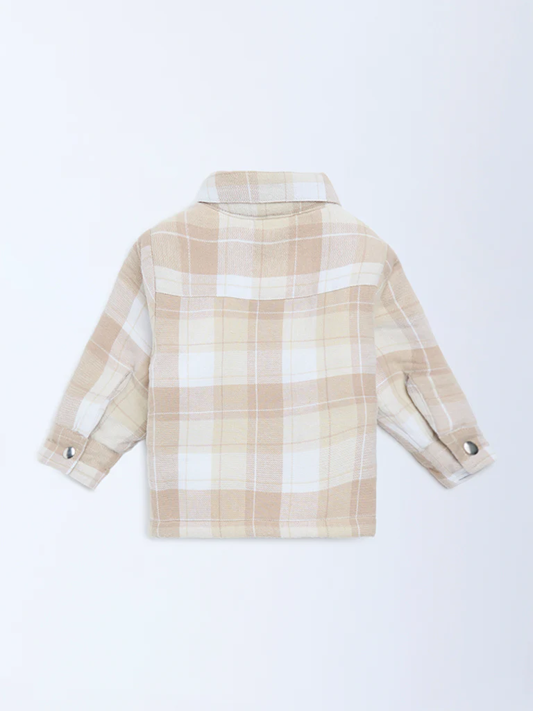 HOP Baby Boys Beige Checkered Cotton Shacket - Image 3