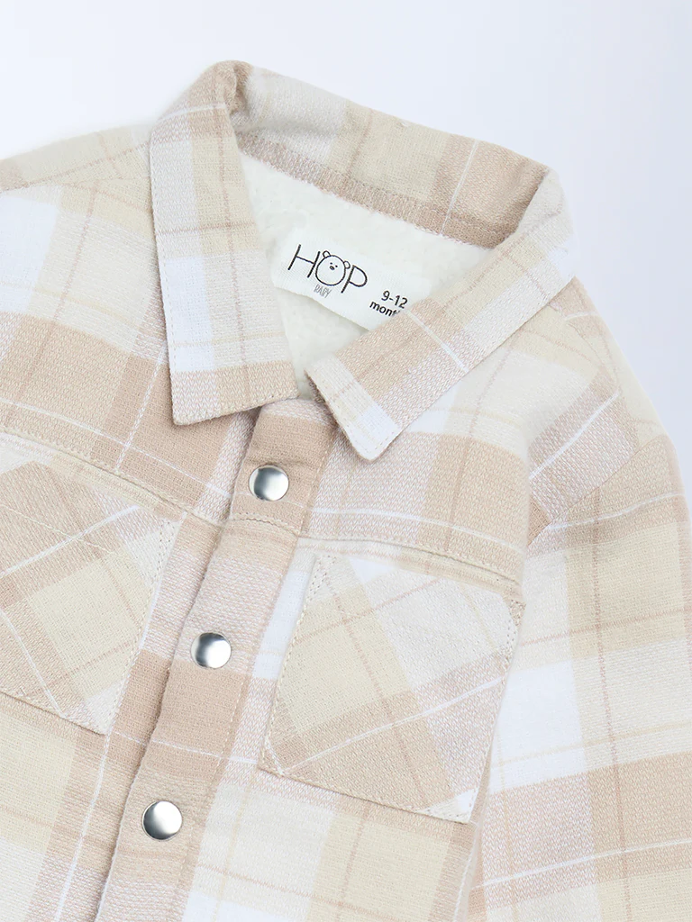 HOP Baby Boys Beige Checkered Cotton Shacket - Image 4