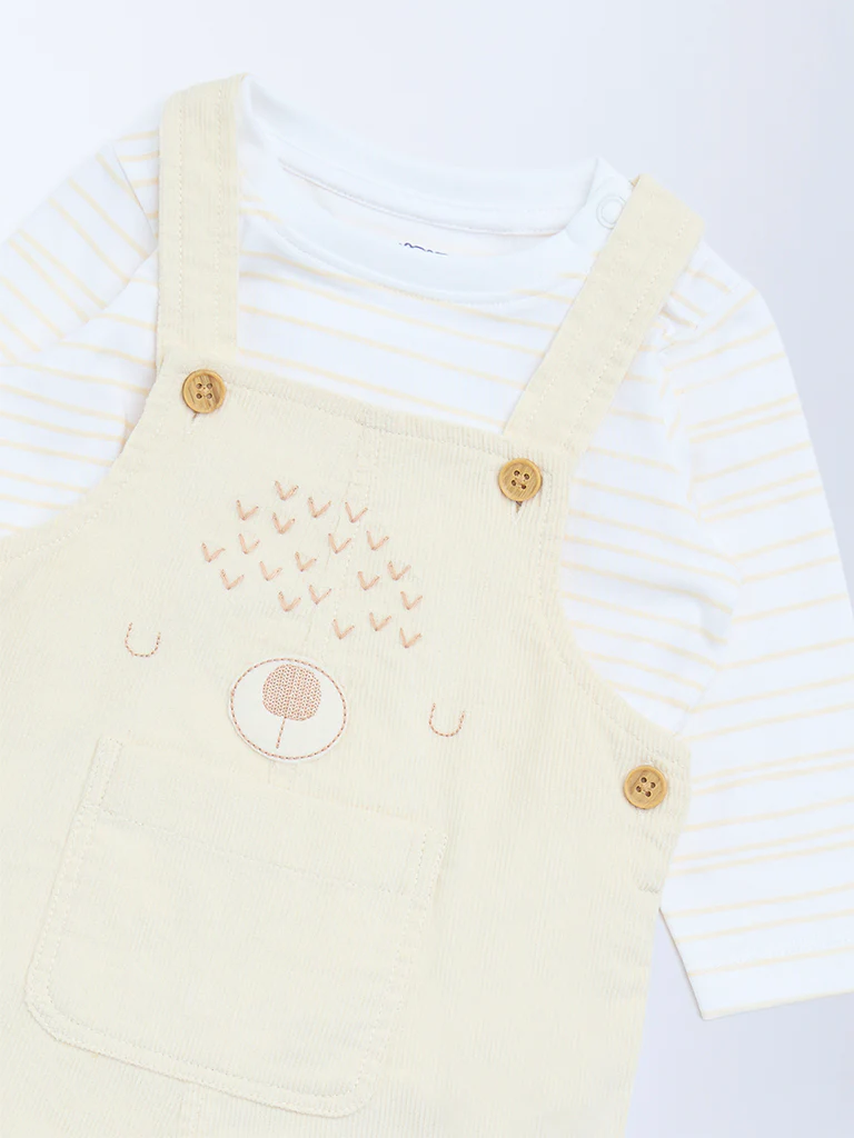 HOP Baby Boys Beige Corduroy Cotton Dungaree with T-Shirt Set - Image 4
