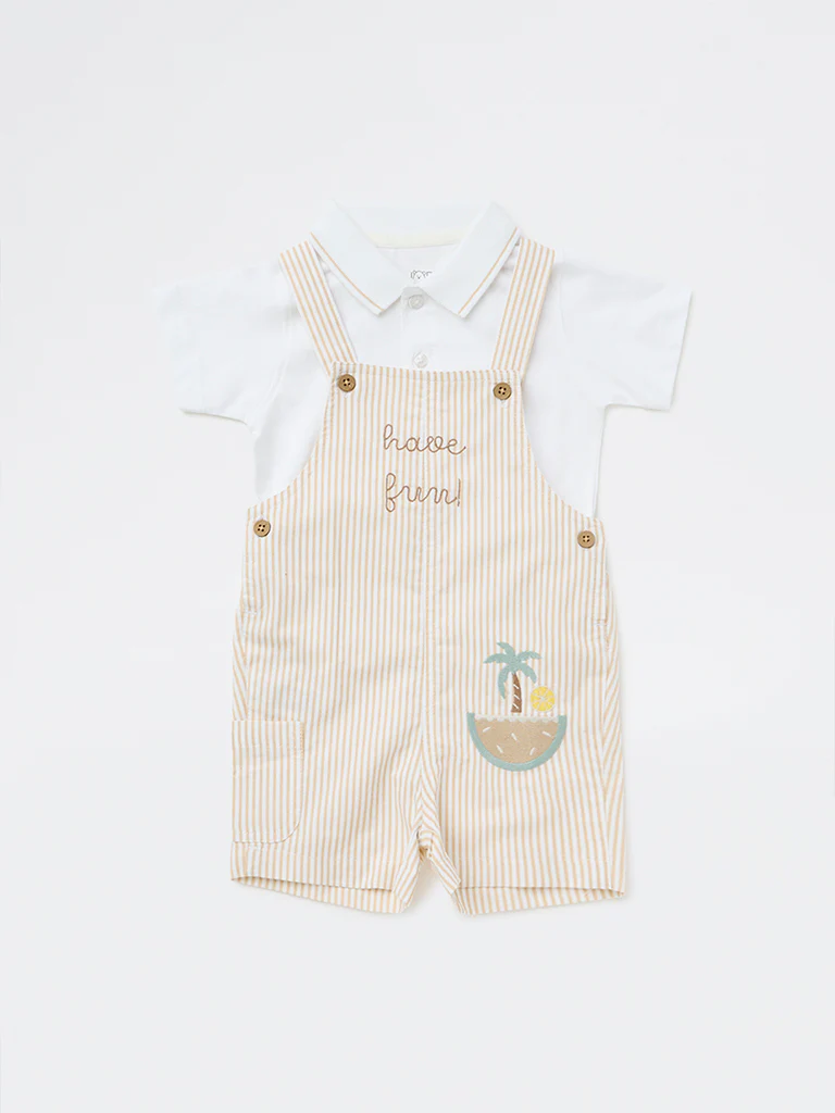 HOP Baby Boys Beige Cotton Dungaree with T-Shirt Set - Image 2