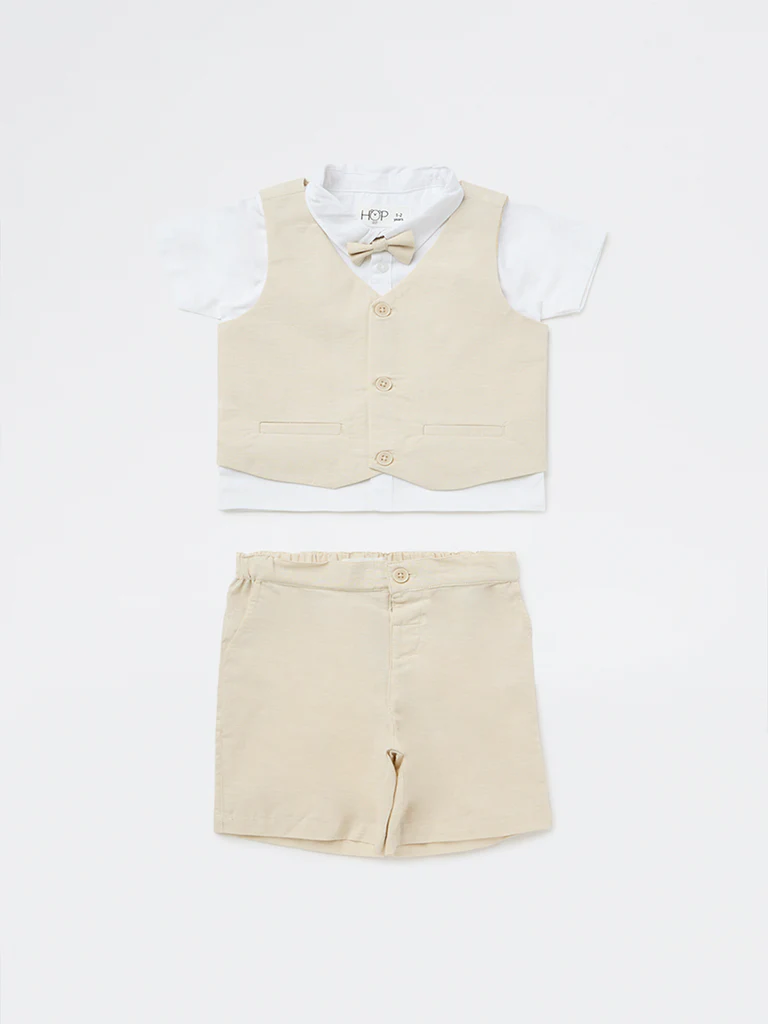 HOP Baby Boys Beige Cotton Shirt, Waistcoat, Shorts & Bow Set - Image 2