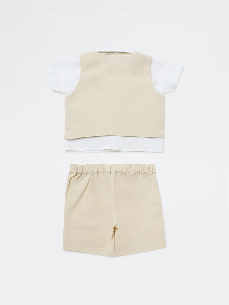 HOP Baby Boys Beige Cotton Shirt, Waistcoat, Shorts & Bow Set - Image 3