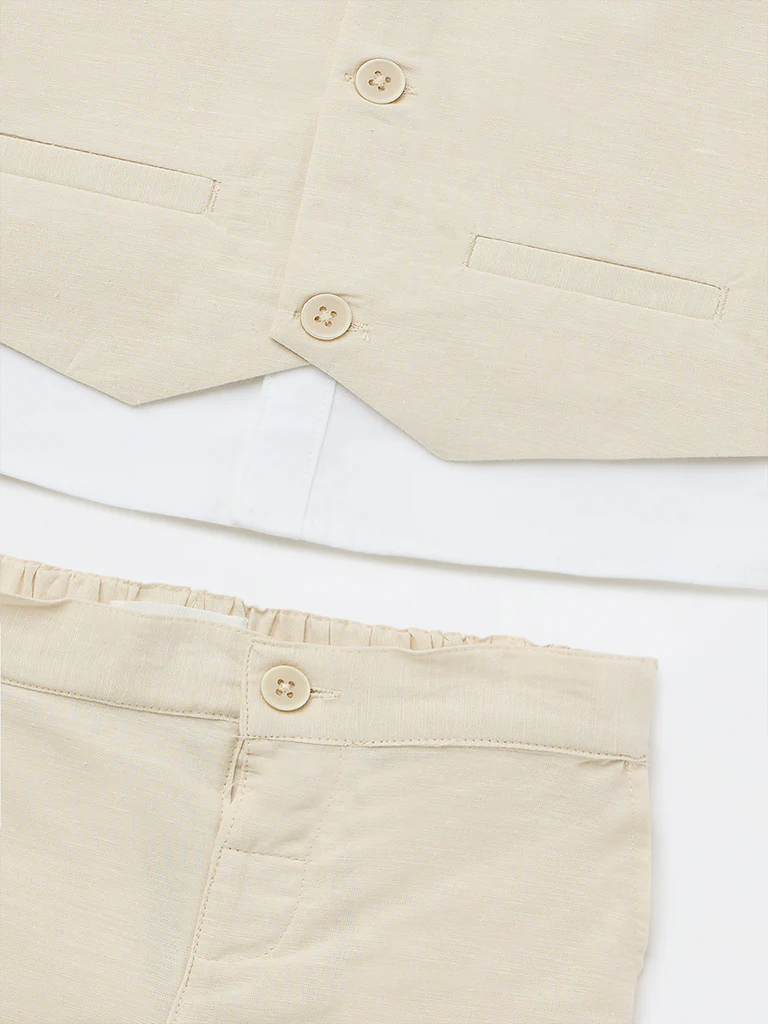 HOP Baby Boys Beige Cotton Shirt, Waistcoat, Shorts & Bow Set - Image 4