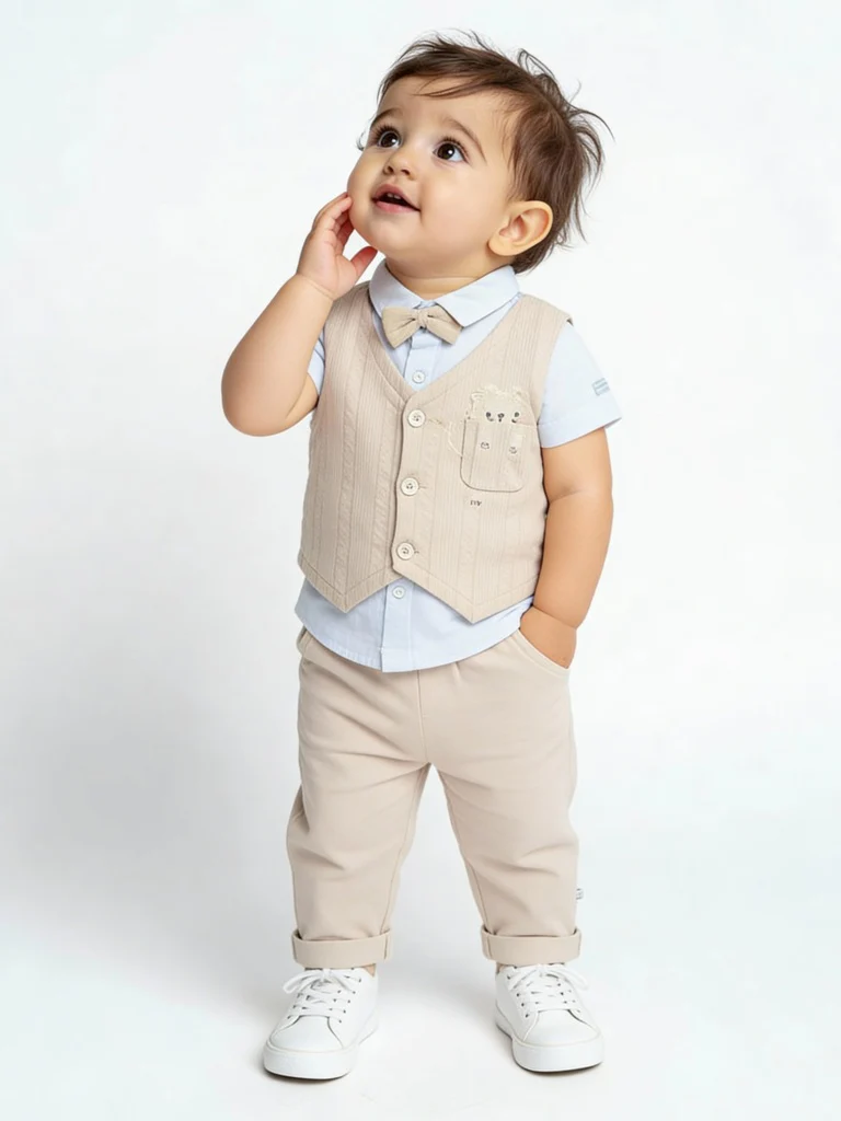 HOP Baby Boys Beige Cotton Waistcoat, Shirt and Pants Set