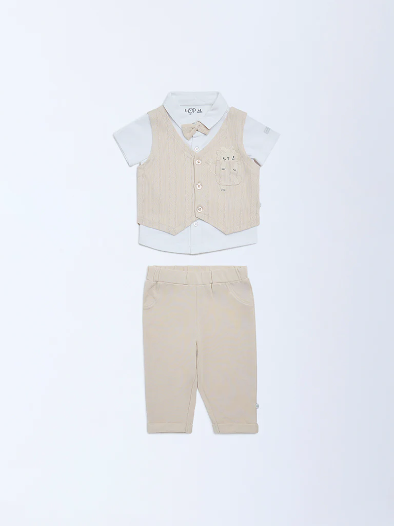 HOP Baby Boys Beige Cotton Waistcoat, Shirt and Pants Set - Image 2