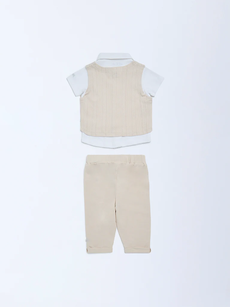 HOP Baby Boys Beige Cotton Waistcoat, Shirt and Pants Set - Image 3