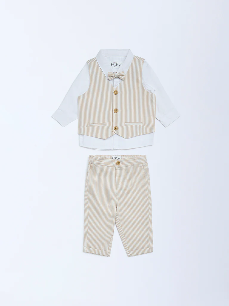 HOP Baby Boys Beige Cotton Waistcoat, Shirt, Trousers and Bow Set - Image 2