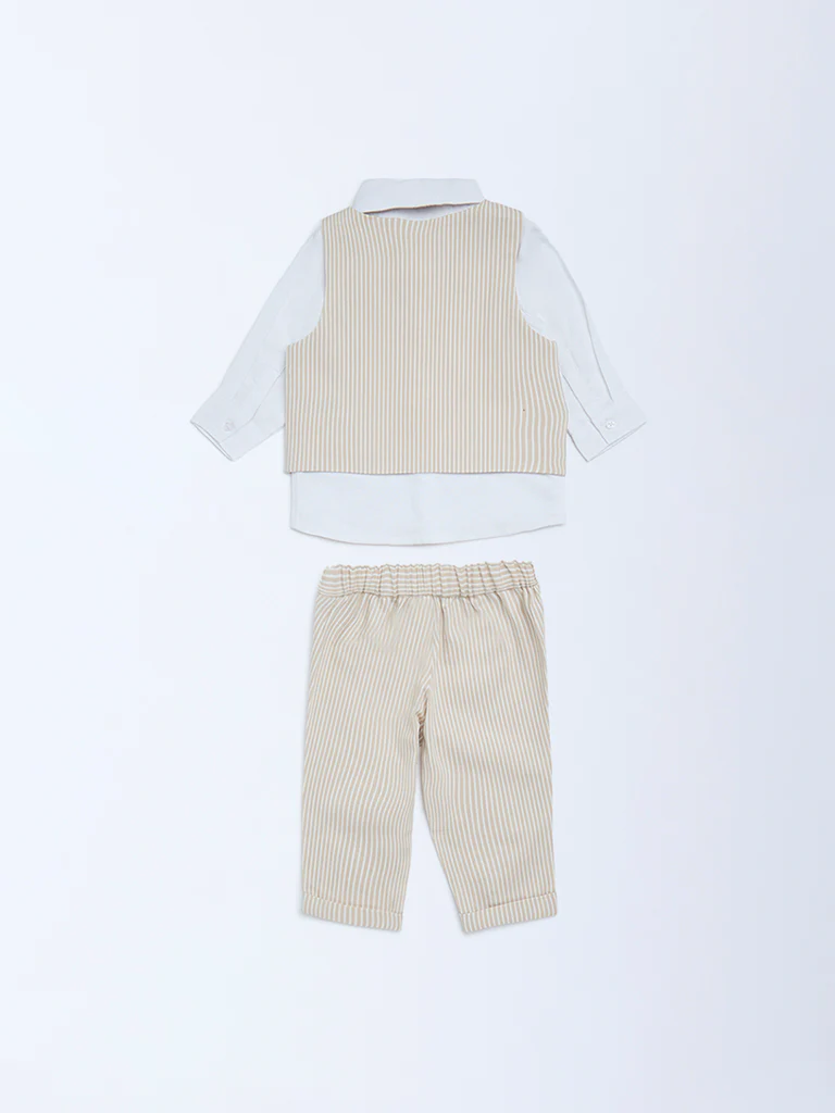 HOP Baby Boys Beige Cotton Waistcoat, Shirt, Trousers and Bow Set - Image 3