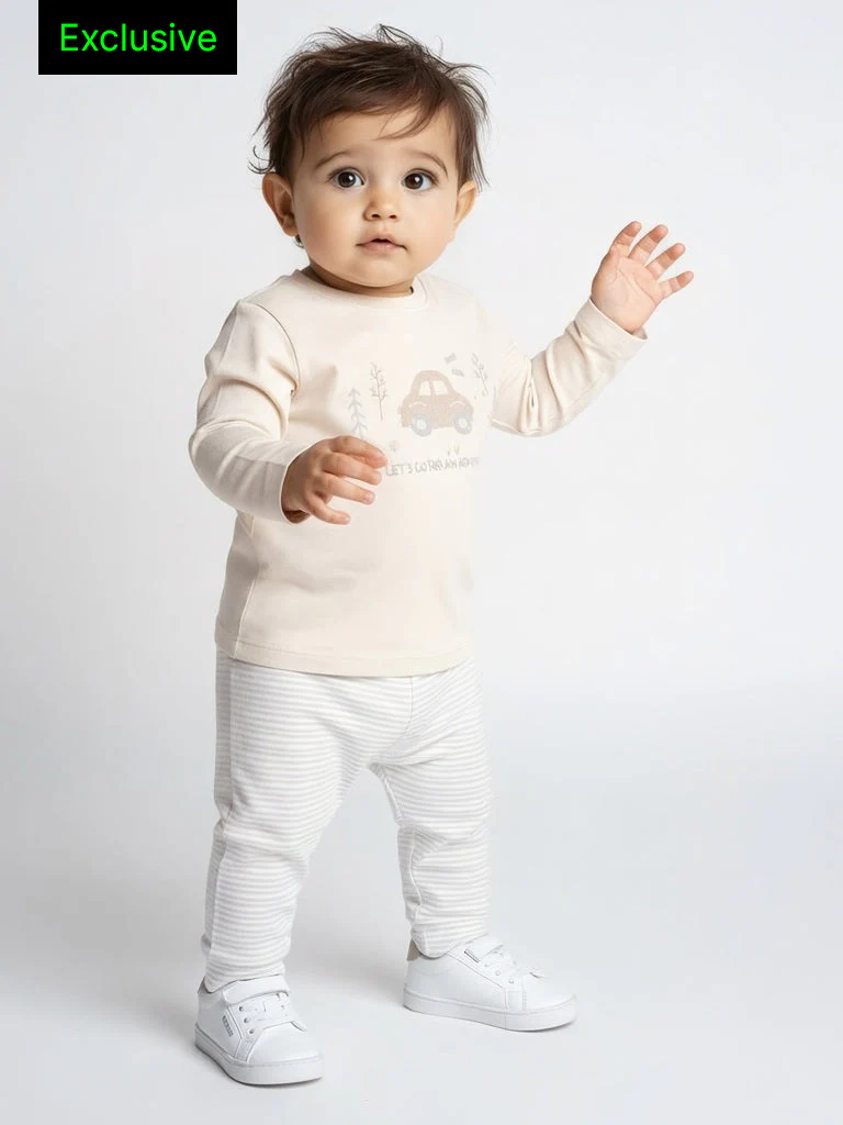 HOP Baby Boys Beige Embossed Cotton T-Shirt and Pants Set - Exclusive
