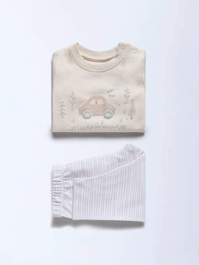 HOP Baby Boys Beige Embossed Cotton T-Shirt and Pants Set - Exclusive - Image 2