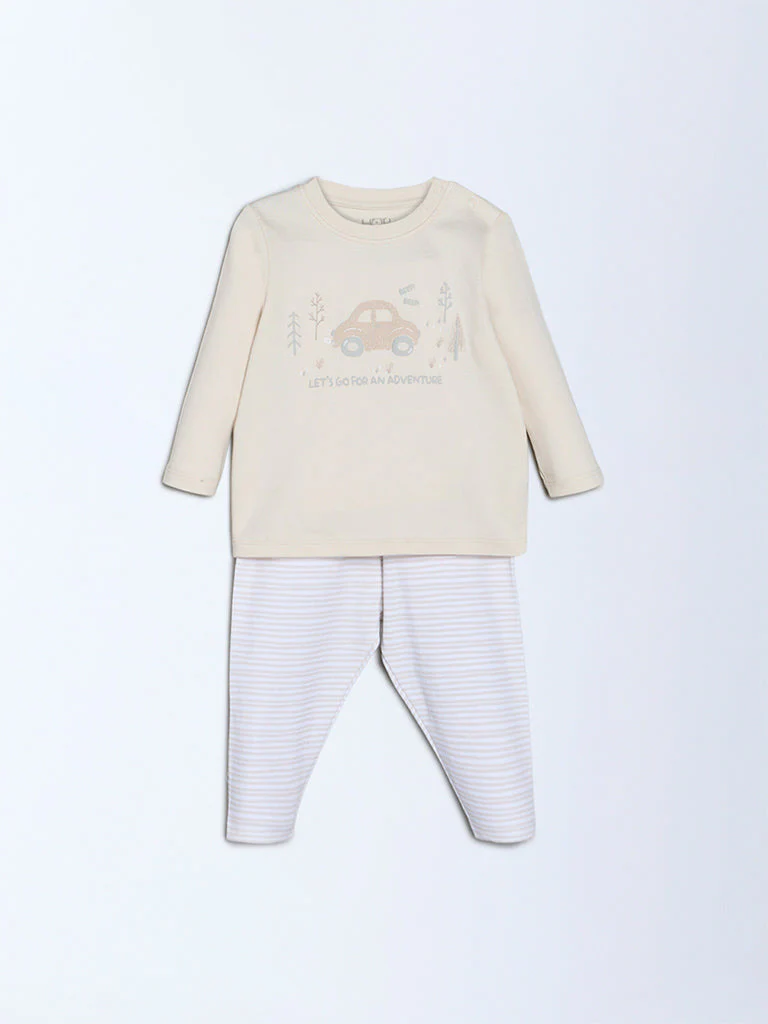 HOP Baby Boys Beige Embossed Cotton T-Shirt and Pants Set - Exclusive - Image 3