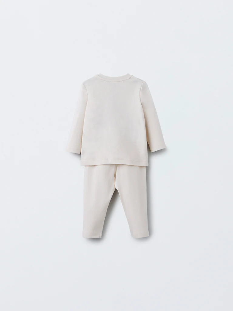HOP Baby Boys Beige Embossed Cotton T-Shirt with Pants Set - Image 3