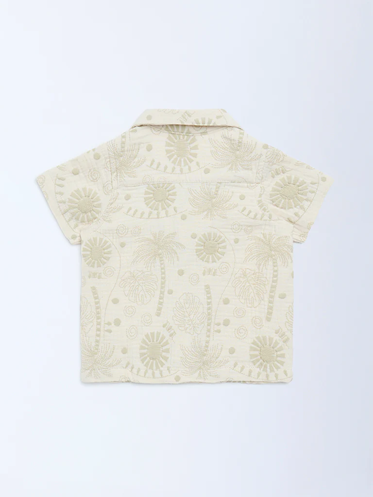 HOP Baby Boys Beige Embroidered Cotton Shirt - Image 3