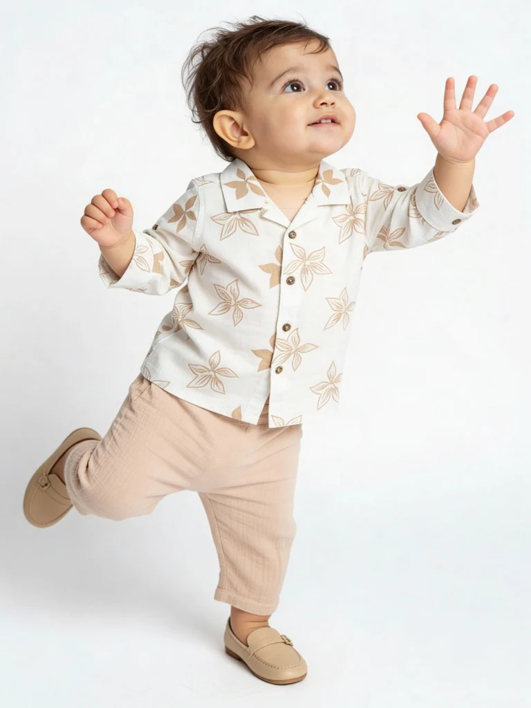 HOP Baby Boys Beige Floral Design Cotton Shirt and Trousers Set