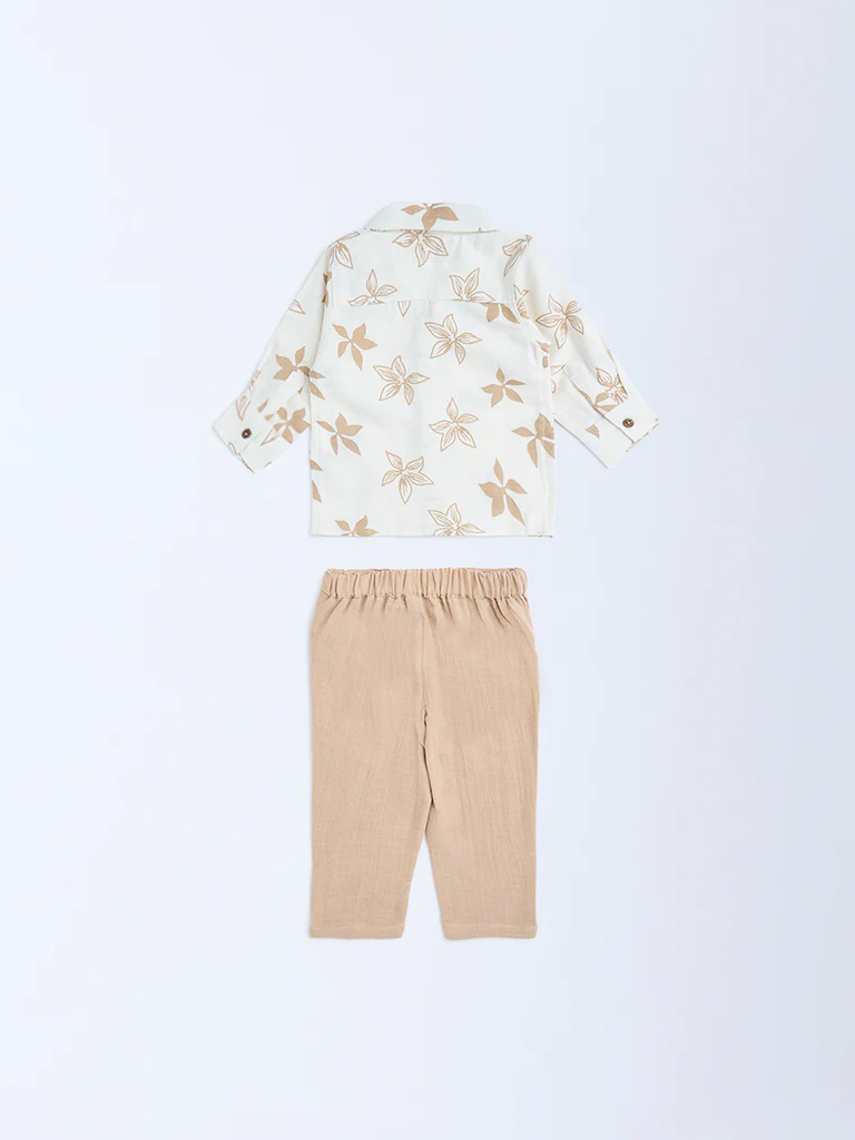 HOP Baby Boys Beige Floral Design Cotton Shirt and Trousers Set - Image 3