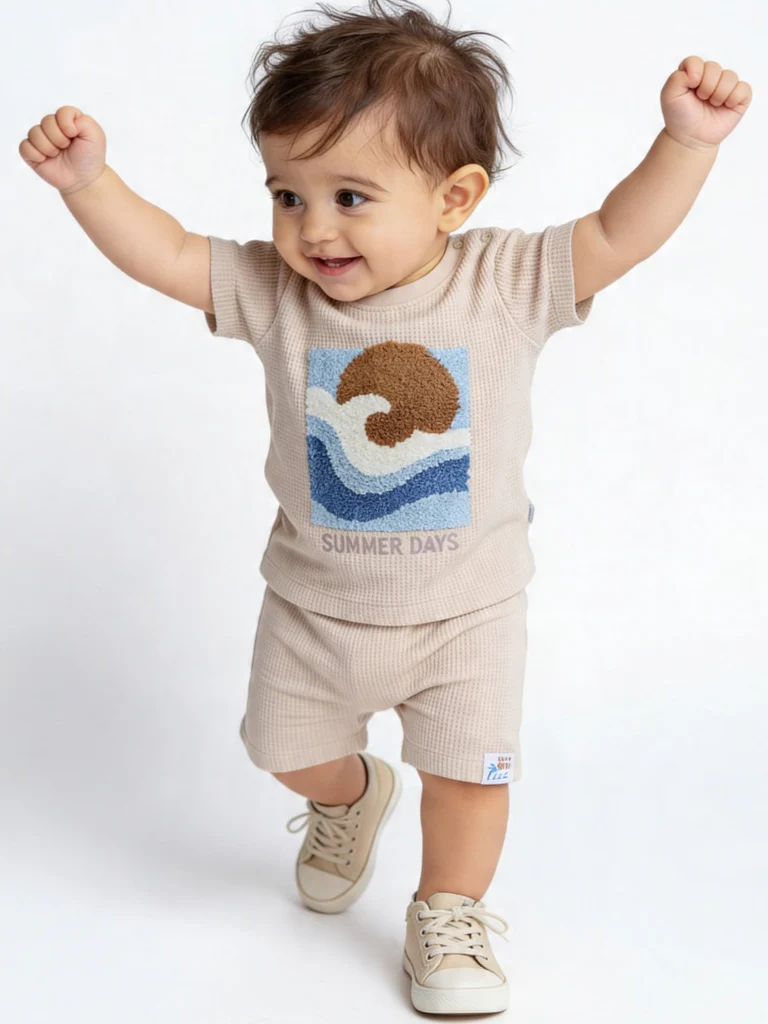 HOP Baby Boys Beige Graphic T-Shirt and Shorts Set