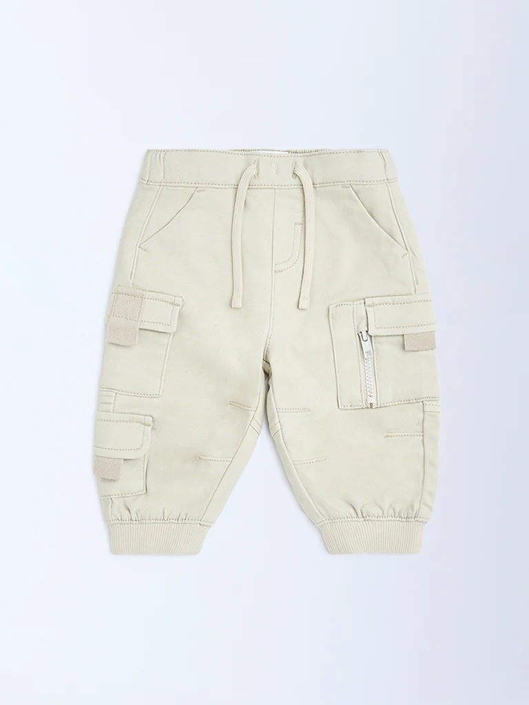 HOP Baby Boys Beige Mid-Rise Cotton-Blend Joggers - Image 3