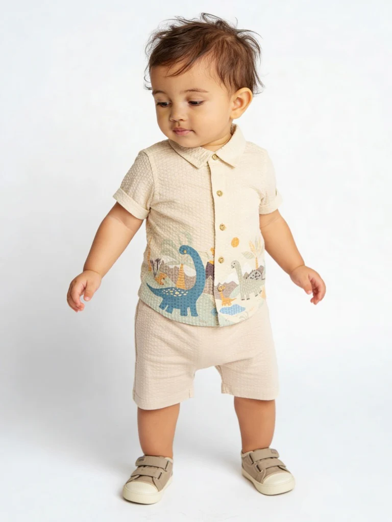 HOP Baby Boys Beige Printed Cotton Shirt and Shorts Set
