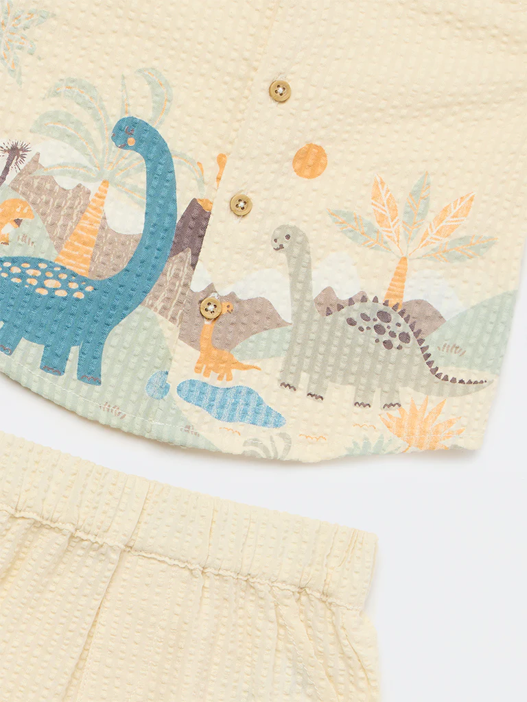 HOP Baby Boys Beige Printed Cotton Shirt and Shorts Set - Image 4
