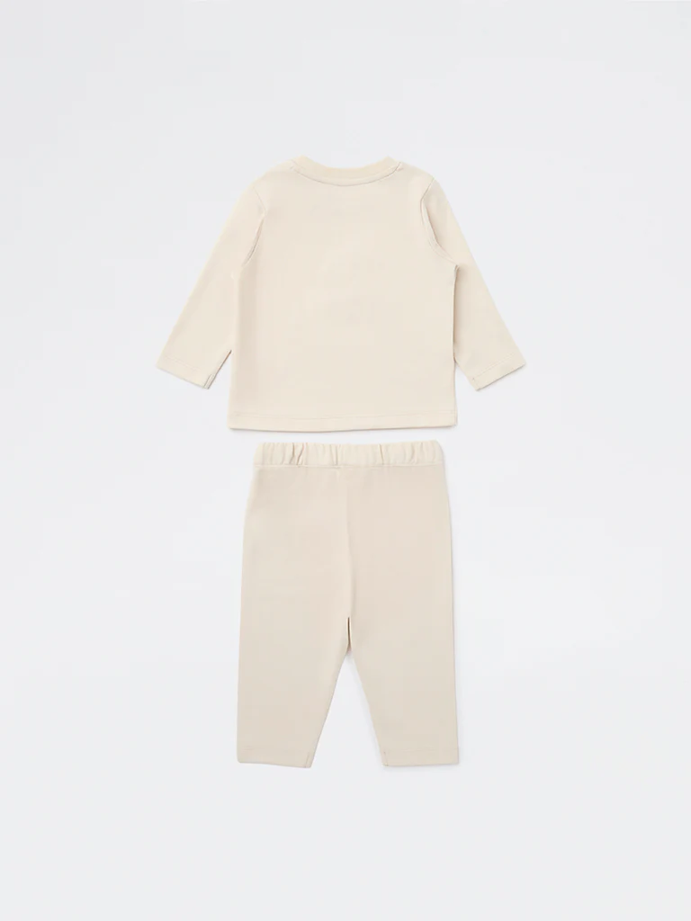HOP Baby Boys Beige Printed Cotton T-Shirt and Pants Set - Image 3