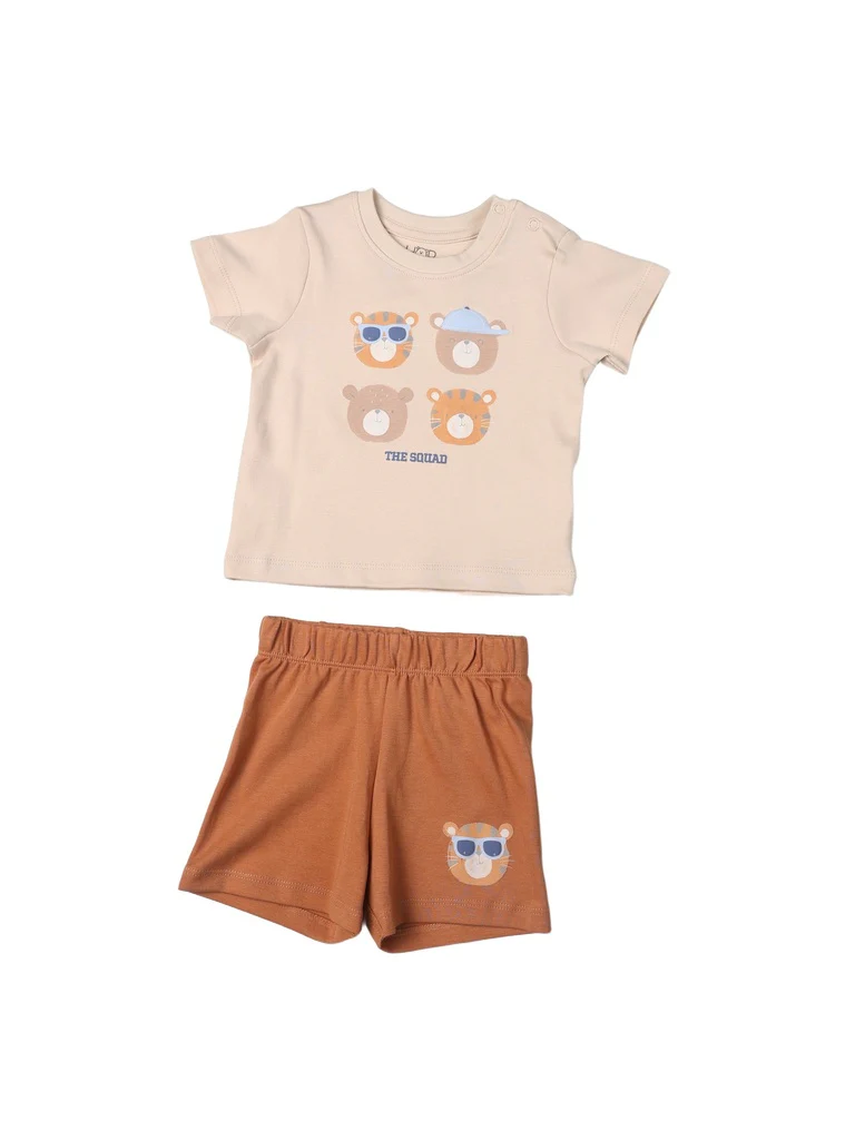 HOP Baby Boys Beige Printed Cotton T-Shirt and Shorts Set - Exclusive - Image 2