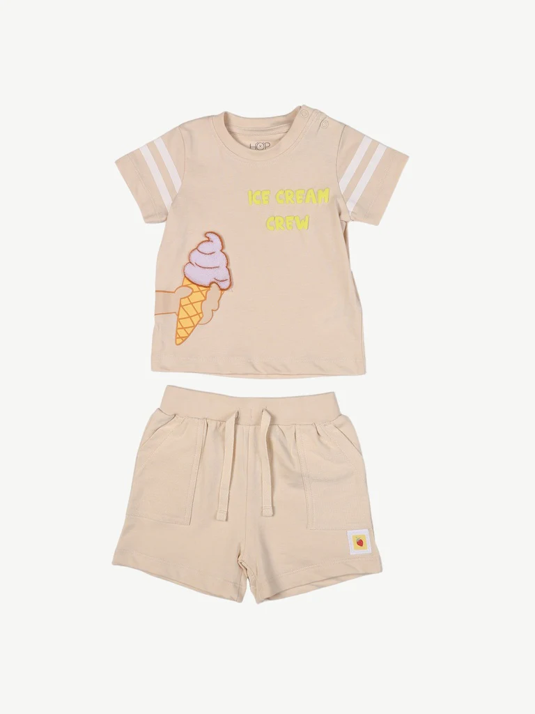 HOP Baby Boys Beige Printed Cotton T-Shirt and Shorts Set - Image 2