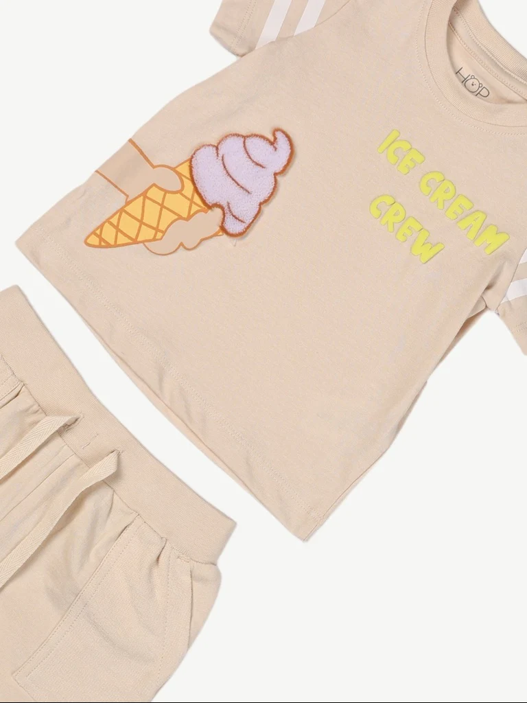 HOP Baby Boys Beige Printed Cotton T-Shirt and Shorts Set - Image 4