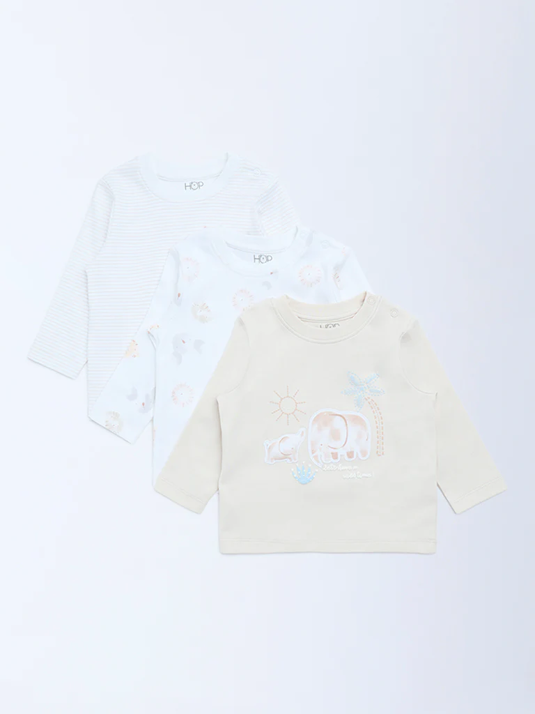 HOP Baby Boys Beige Printed Cotton T-Shirts - Pack of 3 - Image 2