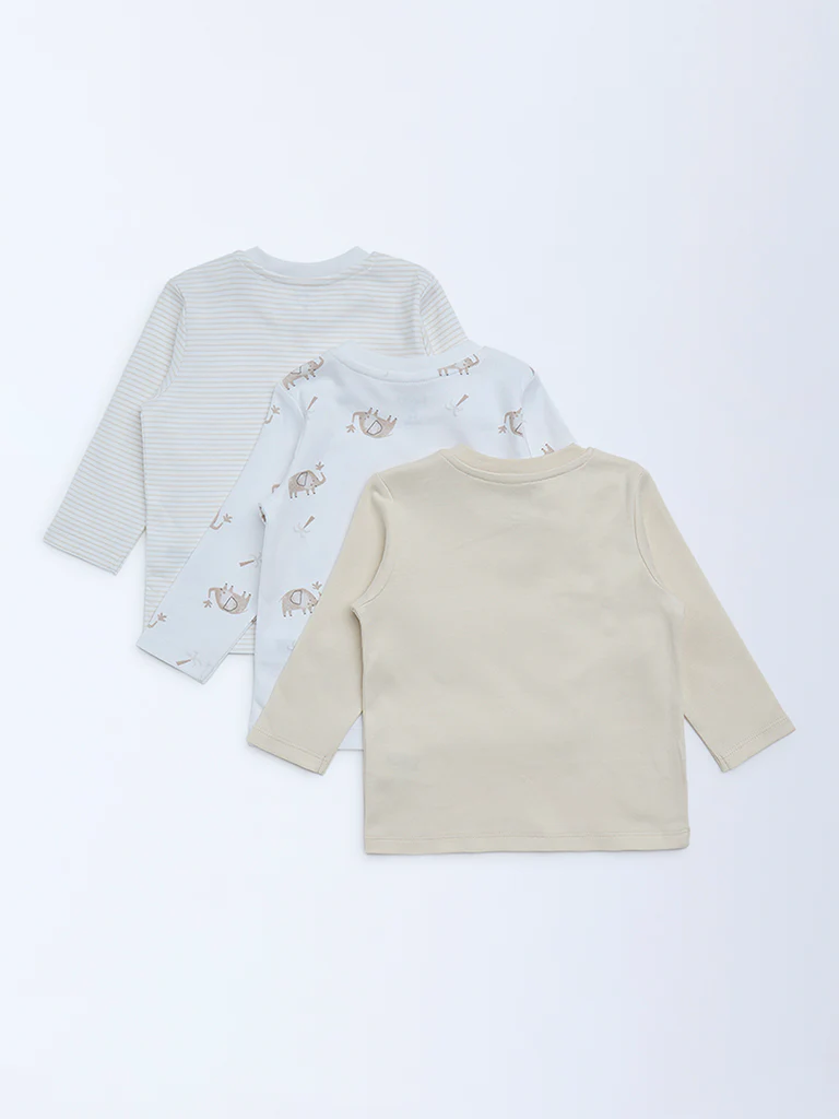 HOP Baby Boys Beige Printed Cotton T-Shirts - Pack of 3 - Image 3