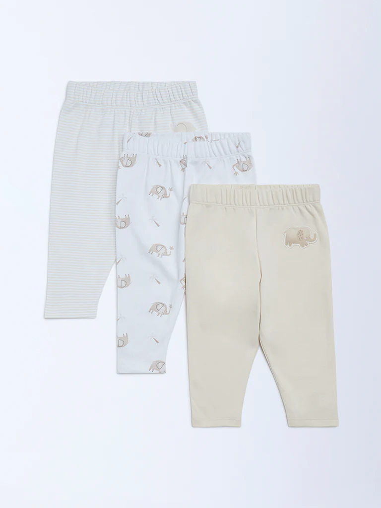 HOP Baby Boys Beige Printed Mid-Rise Cotton Pants - Pack of 3 - Image 2