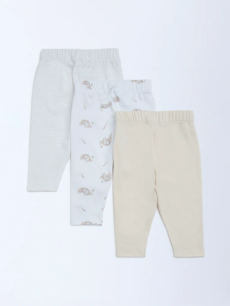 HOP Baby Boys Beige Printed Mid-Rise Cotton Pants - Pack of 3 - Image 3