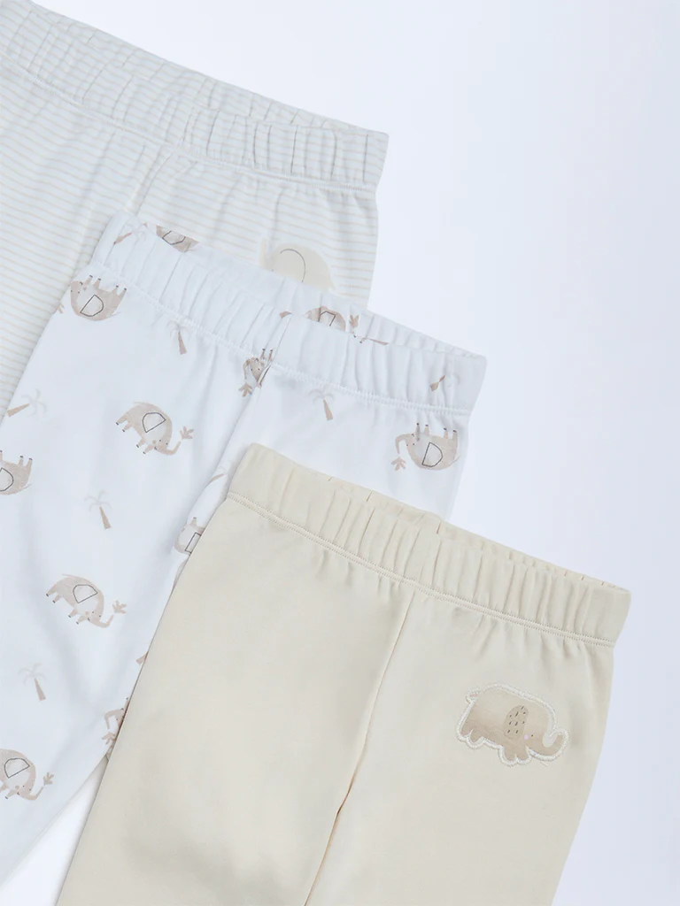 HOP Baby Boys Beige Printed Mid-Rise Cotton Pants - Pack of 3 - Image 4