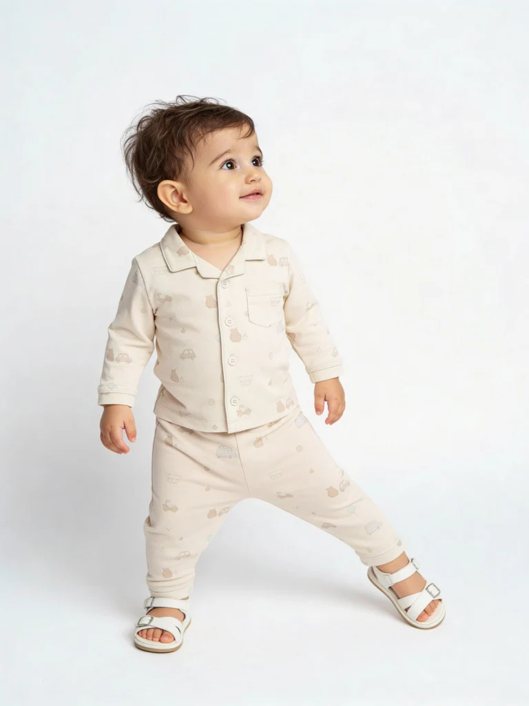 HOP Baby Boys Beige Printed SUPIMA Cotton Shirt and Pants Set
