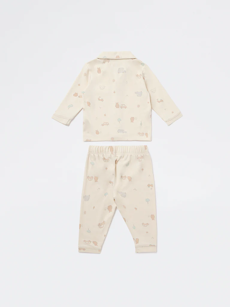 HOP Baby Boys Beige Printed SUPIMA Cotton Shirt and Pants Set - Image 3