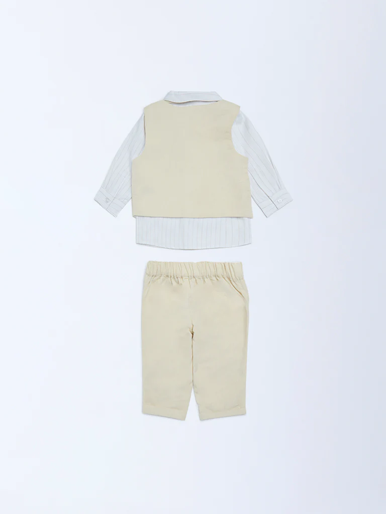 HOP Baby Boys Beige Solid Cotton Shirt, Waistcoat, Pants and Bow Set - Image 3