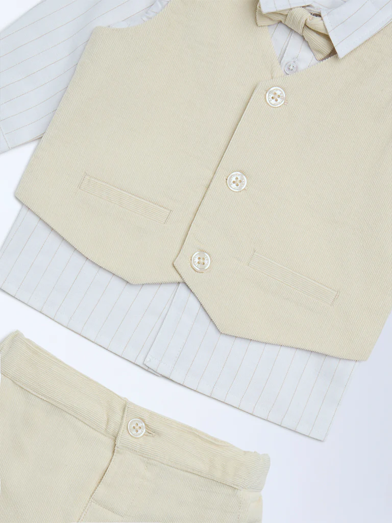 HOP Baby Boys Beige Solid Cotton Shirt, Waistcoat, Pants and Bow Set - Image 4