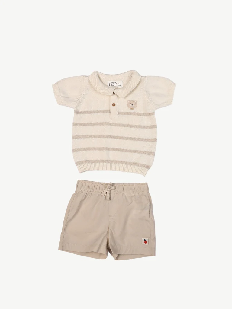 HOP Baby Boys Beige Striped Cotton Polo T-Shirt and Shorts Set - Image 2
