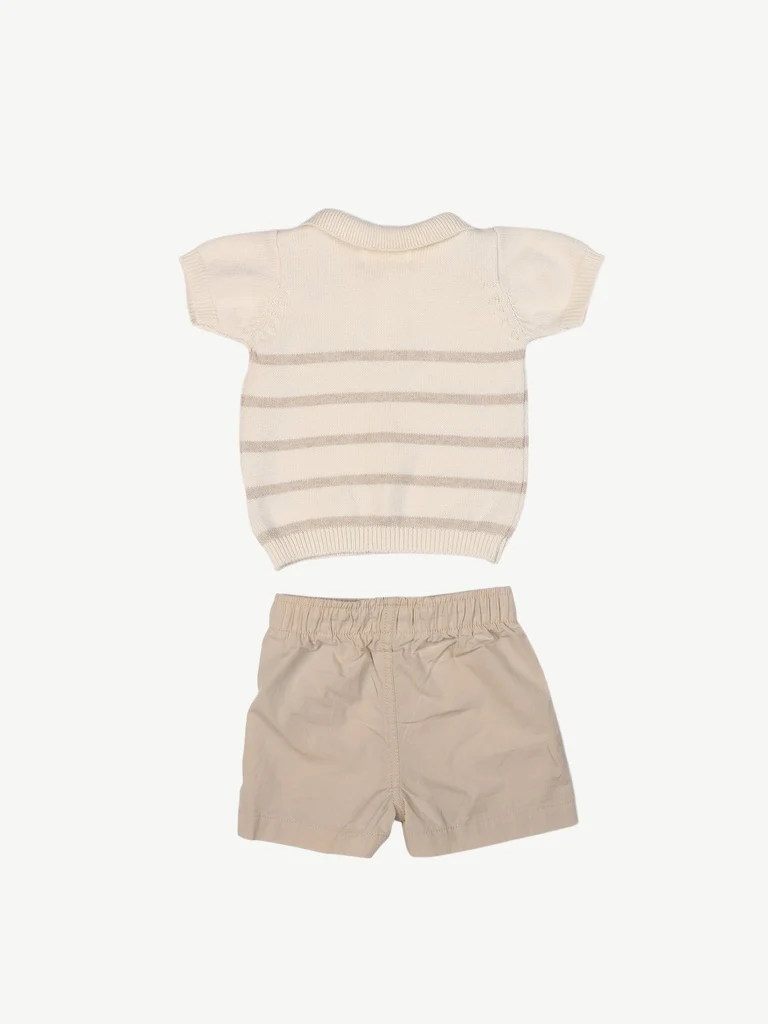 HOP Baby Boys Beige Striped Cotton Polo T-Shirt and Shorts Set - Image 3
