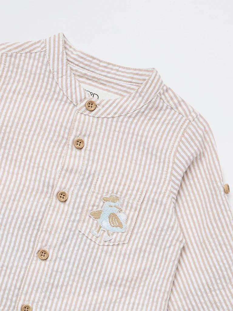 HOP Baby Boys Beige Striped Cotton Shirt - Image 4