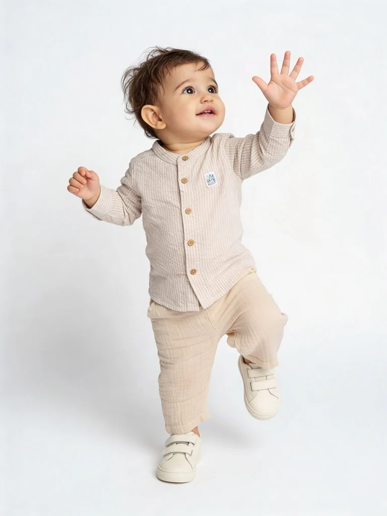 HOP Baby Boys Beige Striped Cotton Shirt and Pants Set